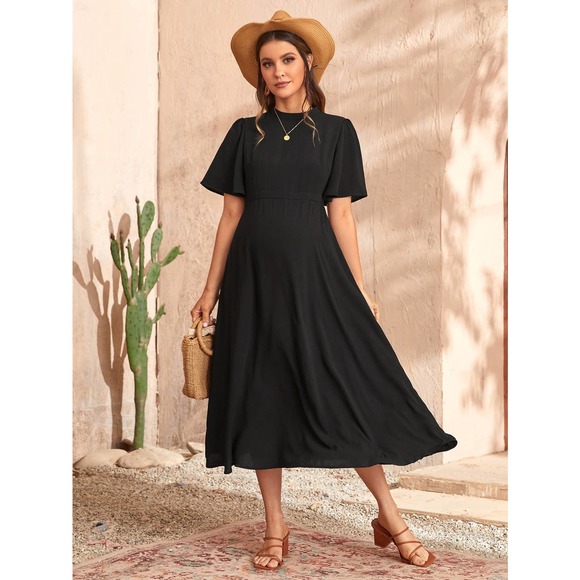 Maternity Solid Butterfly short Sleeve midi Dress black - Picture 1 of 5